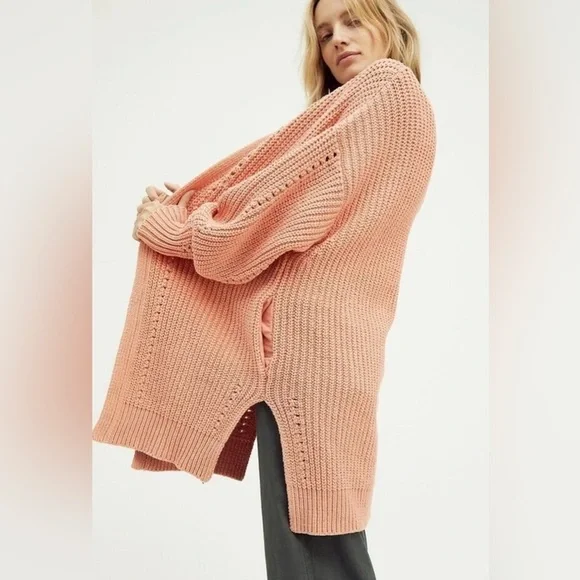 NWOT Free People Nightingale Cardigan S Peach Orange New Sweater $108 Pockets - Picture 2 of 7